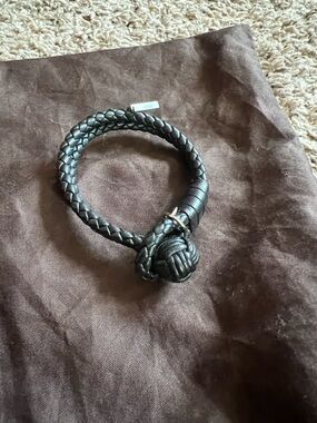 Bottega Veneta Braided Leather Double-Wrap Bracelet in Black with Silver Tag